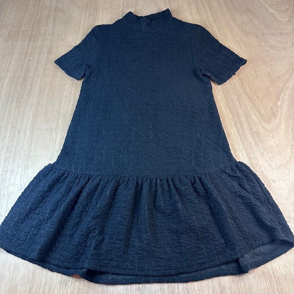 ZARA Black Textured Mini Dress 🖤 Drop Waist Mock Neck Size S